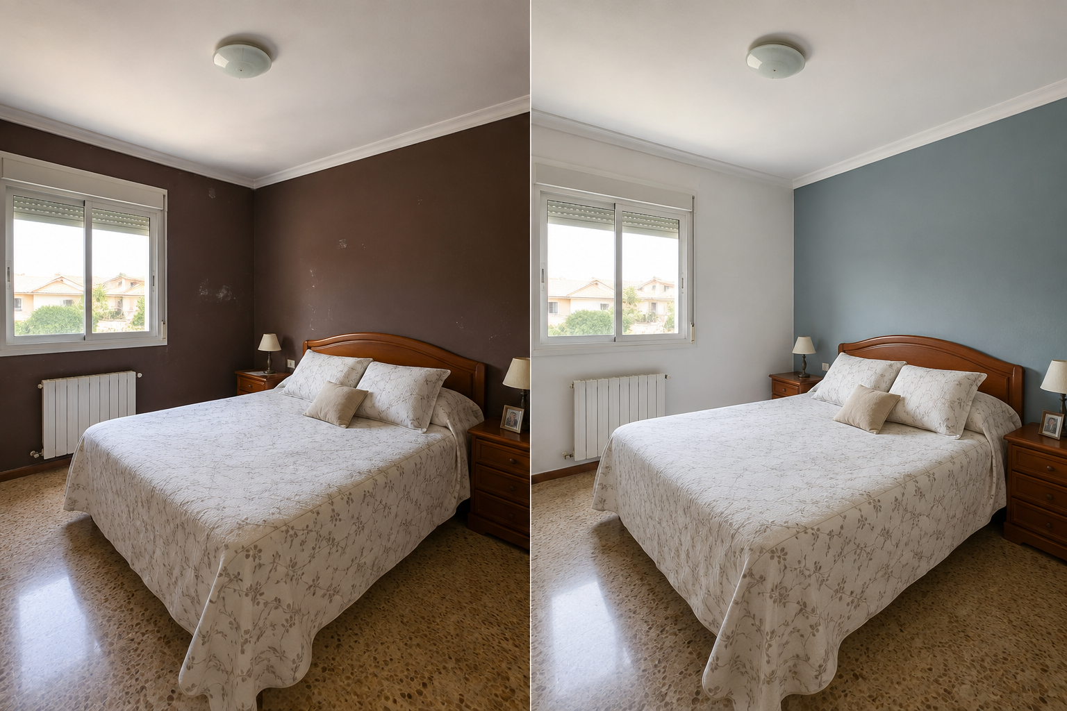 Ejemplo ilustrativo antes y después de pintar un dormitorio