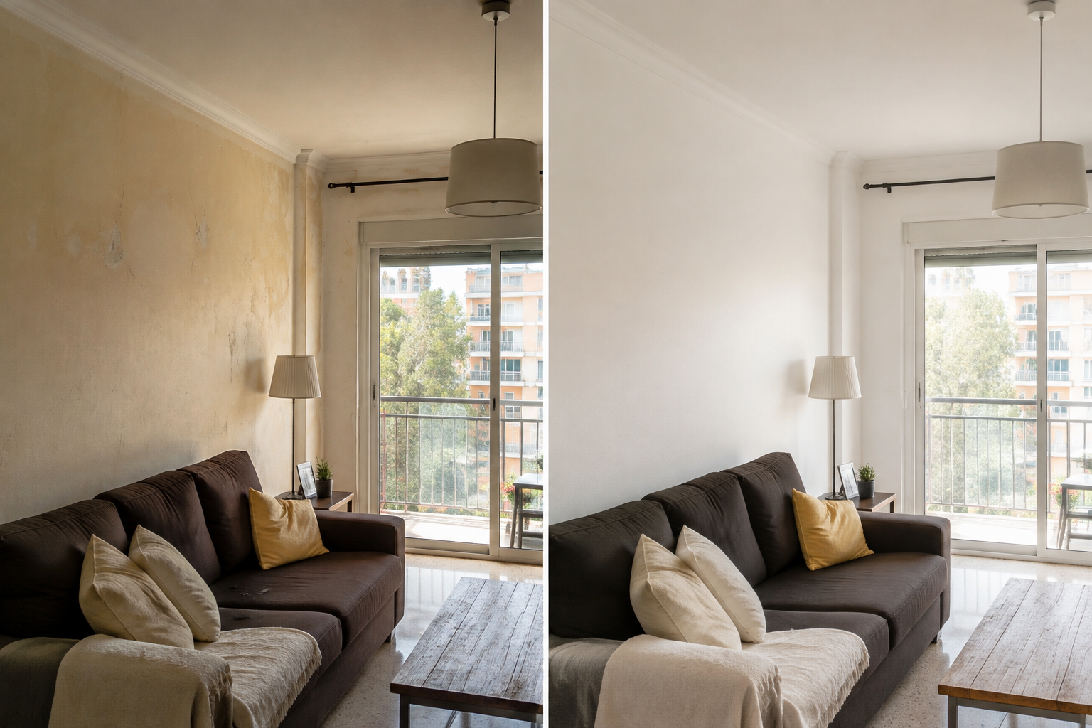 Ejemplo ilustrativo antes y después de pintar un salón